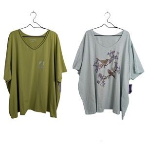 NWT Catherines Set Of 2 T-Shirt Tee Short Sleeve Casual Green Blue Bird Comfy 5X